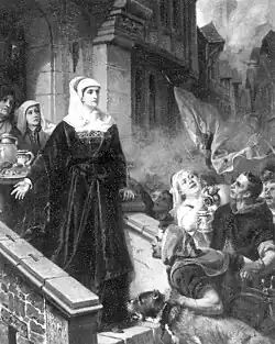 Reproduction en noir et blanc d'une peinture représentant une femme richement vêtue d'un manteau et d'une coiffe claire se tenant debout sur le palier d'un escalier, la main droite ouverte en signe de paix vers un groupe de personnes, dont une femme riant, un homme visiblement ivre et un autre tenant par le collier un grand chien.