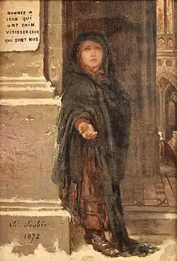 Une jeune fille appuyée contre un mur et vêtue de guenilles tend la main pour demande l'aumône à l'entrée d'un bâtiment, probablement une église, dont on entrevoit une partie de l'intérieur dans la partie droite de la composition.