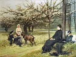 Peinture en couleurs représentant, à l'avant-plan, une femme vêtue de noir assise sur une pierre, regardant trois enfants près d'une chèvre, et derrière laquelle est assise une nourrice coiffée d'un bonnet blanc qui tient un nourrisson emmailloté.