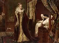 Peinture en couleurs représentant deux femmes : l'une se réveille dans un lit à baldaquin, elle a la main droite devant son visage, tandis que l'autre, debout et richement vêtue d'atours dorés recouverts d'un manteau de velours rouge, la regarde d'un air hostile.