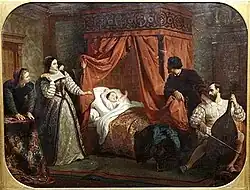 Peinture en couleurs représentant, au centre, un enfant couché dans un lit à baldaquin aux rideaux pourpres, entouré à gauche par deux femmes debout et à droite par un homme de profil et un homme jouant du luth.