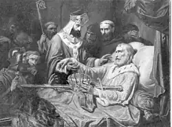 Peinture reproduite en noir et blanc d’un vieillard alité, semi-couché, sur les genoux duquel sont posées une couronne, un anneau et une épée, il donne sa main gauche à un ecclésiastique coiffé d'une mitre, sous le regard de quelques hommes en arrière-plan.