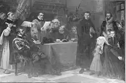 Peinture reproduite en noir et blanc et représentant autour d'une petite table couverte d'une longue nappe divers personnages, dont le principal, un militaire, armé d'une cuirasse, assis à gauche, regarde fixement une famille composée d'un homme barbu, d'une femme agenouillée et de deux enfants, tandis que derrière le principal protagoniste, un moine, tend le bras gauche d'un geste accusateur.