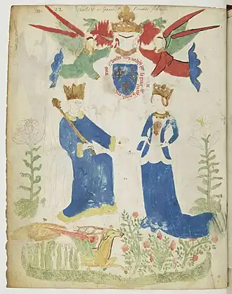 « Registre d'armes » ou Armorial d'Auvergne, dédié par le hérault Guillaume Revel au roi Charles VII.