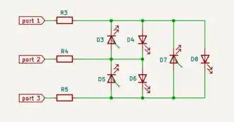 Exemple d'utilisation de la technique du Charlieplexing avec 3 ports et 6 LEDs