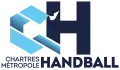 « C' » bleu ciel au-dessous duquel « Chartres » en bleu foncé se voit greffer la lettre « H » à droite du C' et « handball » à hauteur de Chartres.