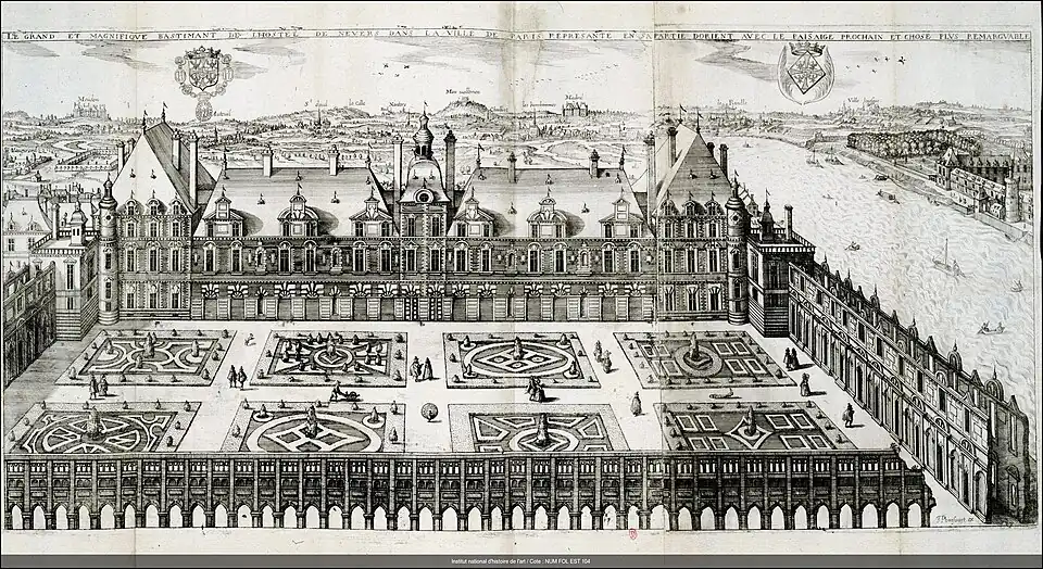 Claude Chastillon, Le grand et magnifique bastimant de l'Hostel de Nevers dans la ville de paris représanté en sa partie d'Orient avec le paisaige prochain et chose plus remarquable, gravure d'apr. son dessin, avant 1616, INHA.