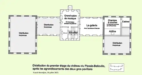 Essai de restitution de la distribution du premier étage du château du Plessis-Belleville, fin du XVIIe siècle.