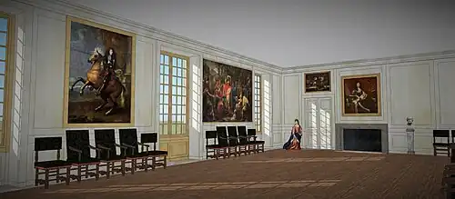 Restitution de la grande salle du premier étage du château de Sceaux, au temps de Colbert, 1683.