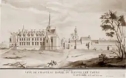 Gravure noir et blanc. Corps de logis de deux étages, prolongé d'une chapelle.