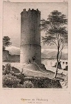 Gravure montrant une grande tour ronde avec un personnage à son pied.