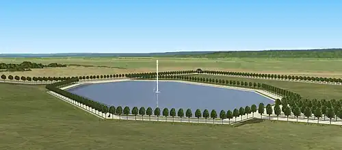 Restitution de la vue depuis l'allée du bassin ovale sur l'Octogone du château de Sceaux, au moment de sa création par Colbert, vers 1670-1675.