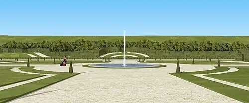 Vue restituée des jardins du château de Villennes, en regardant le deuxième belvédère, début XVIIIe