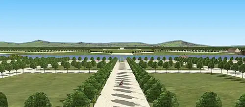 Restitution de la vue depuis le bas du jardin du château neuf de Saint-Germain-en-Laye, vers 1680.