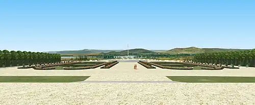 Restitution du point de vue de la grande perspective de Montmorency depuis le perron du grand château de Crozat. Dans le fond est visible le lac d'Enghien.