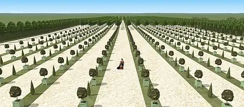 Restitution de la vue sur le parterre de l'orangerie de Saint-Mandé en vue cavalière, 1661.