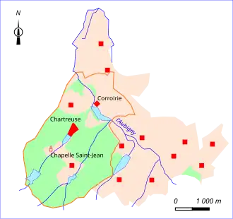 Carte en couleurs des contours d'un domaine seigneurial.