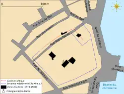 Plan des fouilles archéologiques avec en tirets rouge le tracé du castrum antique et en tirets bleu l'enceinte médiévale