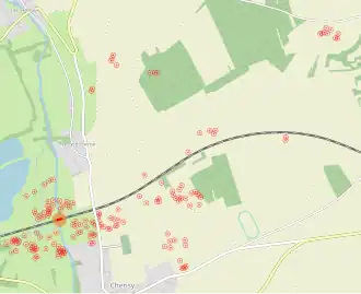 Une carte du bombardement du viaduc de Cherisy répertoriant l'emplacement des bombes.