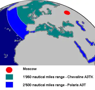 Zone de patrouille des SNLE équipés des missiles Polaris A3T américains et Chevaline A3TK britanniques en prenant Moscou pour cible.