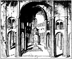 Gravure d'un dessin représentant l'intérieur du chœur d'une grande église romane à déambulatoire