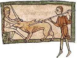 Une femme nue assise tien la corne d'une licorne pendant qu'un homme lui plante une lance dans le flanc