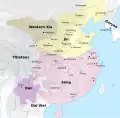 La Chine au XIIe&nbsp;siècle. Le nord de la ligne Qinling-Huaihe était sous le contrôle de la dynastie Jin, tandis que le sud était sous le contrôle de la dynastie Song.