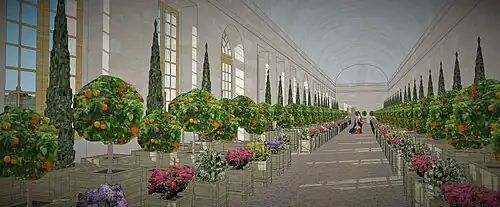 Restitution de l'intérieur de l'Orangerie de Choisy vers 1690.