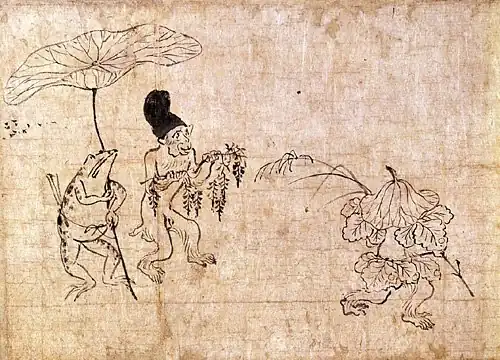 Fragment du premier rouleau du Chōjū-jinbutsu-giga, représentant une grenouille tenant un muguet au-dessus de la tête d'un moine.