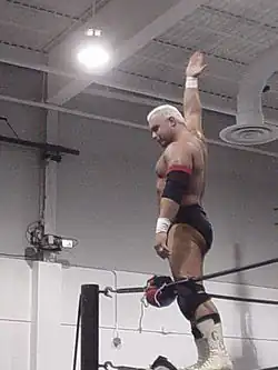 photo d'un catcheur en slip noir debout sur la deuxième corde