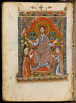 Le Christ, le scribe et le donateur , évangéliaire du monastère de Drazark, 1342, bibliothèque Chester-Beatty.