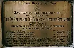 Plaque du 1er Regiment du Gloucestershire a Christ Church a Mhow.