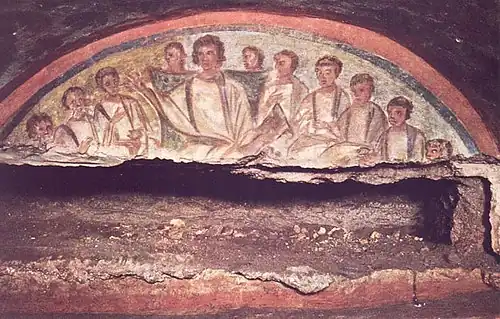 Christ en philosophe : Jésus enseignant aux apôtres.Catacombes de Domitilla IVe siècle.
