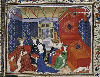 Lit à ciel suspendu, « fond », « dosseret » et courtepointe garnis d'étoffe brodée, France, miniature, vers 1410.