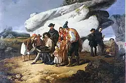 Cinco artistas em Sintra, por João Cristino da Silva. Tomás D'Anunciação é a figura central, sentado com a perna esquerda avançada usando uma capa clara e chapéu