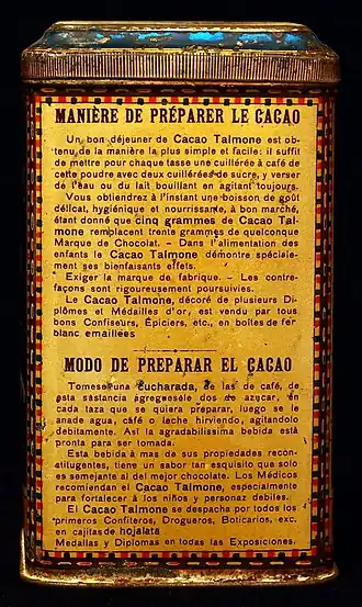 Arrière de la boîte : « Manière de préparer le cacao », en français et en espagnol.