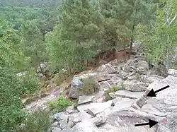 Balises rouges indiquant le chemin rocheux à suivre sur le circuit des 25 bosses en forêt de Fontainebleau.