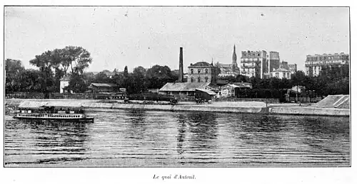 Photo du quai d'Auteuil en 1897, à l'emplacement de l'actuel quai Louis-Blériot. L'église Notre-Dame-d'Auteuil apparaît en arrière-plan.