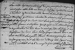 Acte de mariage entre Guilleaume Chevalier de Lorimier et Marie Louise, Hyroquoise du Sault Saint Louis.26 juin 1783. Paroisse Saints-Anges-de-Lachine de la ville de Lachine.