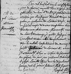 Acte de mariage entre Guilleaume de Lorimier et Anne Ska8ennetsi.27 février 1801. Paroisse Saint-François-Xavier-de-Caughnagawa de la ville de Caughnagawa.