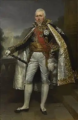 Portrait en pied d'un maréchal de Napoléon, son bâton de commandement à la main, main sur la hanche et vêtu d'un uniforme brodé avec ses décorations.