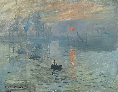 Peinture marine représentant des embarcations sur l'eau avec un soleil levant sur l'horizon.