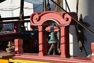 La cloche de quart de la frégate « l'Hermione » de 2012, installée devant le grand mât. Elle a été fabriquée selon un modèle de profil de cloche de quart dessiné dans l’encyclopédie Diderot. Il a fallu adapter les techniques actuelles pour reproduire cette cloche ancienne et retrouver le son correspondant à celui des cloches du XVIIIe&nbsp;siècle.