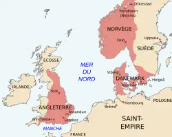Carte de l'Europe du Nord mettant en évidence l'Angleterre, le Danemark et la Norvège.