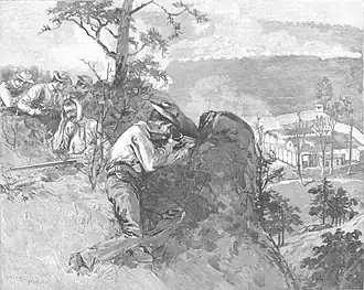 Mineurs de charbon tirant vers le fort Anderson depuis une colline durant la guerre de Coal Creek (1891-1892) dans le comté d'Anderson (Tennessee).