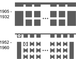 Sur ce schéma, les piliers et les parois de la galerie sont simplifiés sous la forme de formes géométriques en gris, disposées régulièrement : de grandes parois qui encadrent des piliers. Entre la première image et la seconde, les piliers comme les parois ont été réduits dans toutes les directions, réduisant leur largeur.