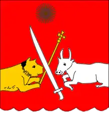 sur un fond rouge figurent un chien et un bœuf ainsi qu'un glaive et un sceptre croisés