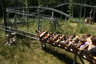 Photo de montagnes russes en métal avec plusieurs chariots en mouvement sur une étendu d'herbe.