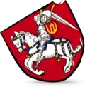 Blason rouge portant, sur un cheval blanc harnaché de bleu et or, un chevalier blanc tenant une épée blanche et un écu rouge et or.