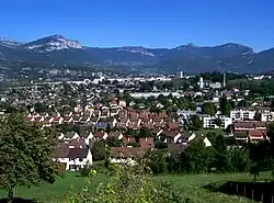 Vue panoramique de Cognin et de Chambéry au second plan.